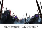 A crowd of zombie knights is barely keeping their balance, they are crazy undead gathered from hundreds of different warriors armed with spears and hammers in helmets and armor. 2d art without backgro