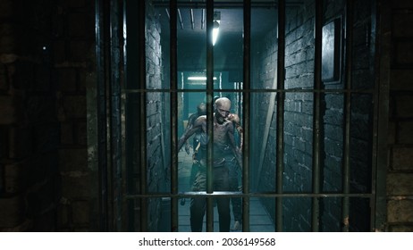 A crowd of zombies made their way into a bunker built to defend against the apocalypse. The concept of a zombie Apocalypse. image for zombie, fantasy, sci-fi and apocalyptic backgrounds. 3D rendering