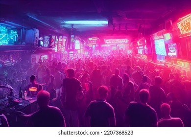 Crowded Futuristic Cyberpunk Street And Marketplace, Concept Art, Digital Illustration