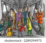 Crowded Metro Train Interior with Standing Passengers Urban Public Transport Illustration