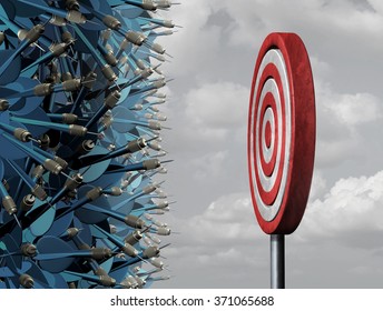 Crowded target business concept as a group of confused darts congested in a bottleneck  aiming for a common goal target as a metaphor for oversupply and excessive competition for limited opportunity.