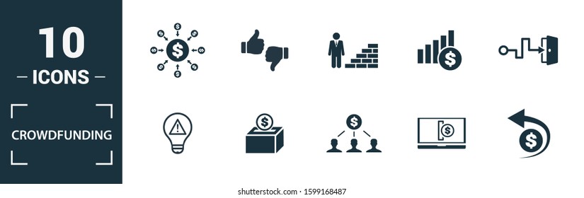 Crowdfunding Icon Set. Include Creative Elements Marketplace, Social Participation, Pre-release, Rewards, Funding Platform Icons. Can Be Used For Report, Presentation, Diagram, Web Design.