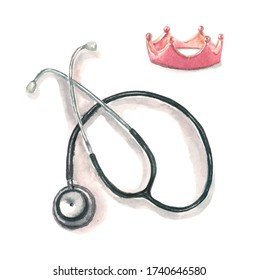 Crown And Medical Stethoscope, Watercolor