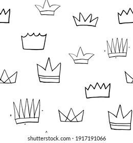 Crown Seamless Pattern, Hand Drawn Royal Doodles Background, Illustration.