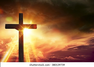 Crucifix Blessing Lights Background. Large Wooden Crucifix at Sunset with Right Side Copy Space. Christianity Theme Illustration.