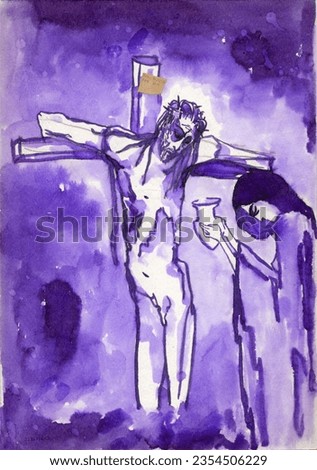 Crucifixion. Jesus Christ on a cross and Mary Magdalene holding vessel of water. Hand drawn monochrome art. Wet painting.