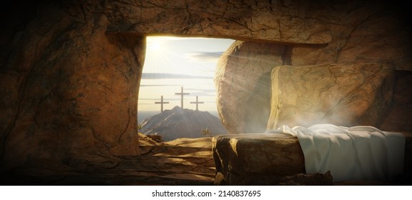 Crucifixion and Resurrection. He is Risen. Empty tomb of Jesus with crosses in the background and cinematic lighting. Easter or Resurrection 3D Rendering