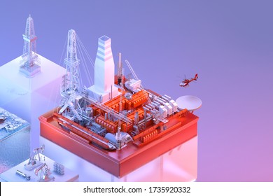 Crude Oil Gas Exploration, Extraction, Transportation Isometric 3D Background. Oil Gas Petrochemical Industry Concept: Oil Production Platform, Offshore Jack Up Rig, Pumps, Factory, Derrick Drill Rig