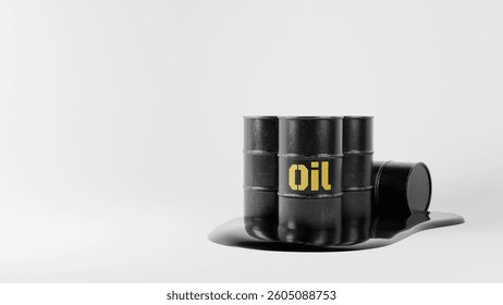 Crude oil industry and energy concept. Black oil barrels with spilled crude oil on white background represent petroleum production and trade. Designed for finance and businesses.