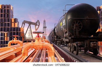 Crude Oil Petrol Production, Energy Railway Transportation: Freight Train Tank Car, Oil Pipes, Barrels. Petroleum Fuel, Oil Refinery Market, Pipe Gas Industry. Oil Pipeline, 3D Industrial Illustration