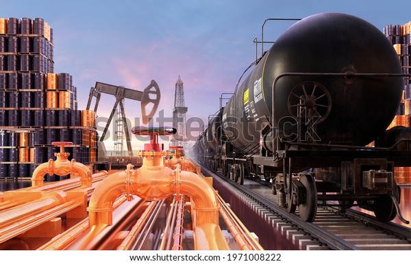 Crude oil petrol production, energy railway\
transportation: Freight train tank car, oil pipes, barrels.\
Petroleum fuel, oil refinery market, pipe gas industry. Oil\
pipeline, 3D industrial\
illustration