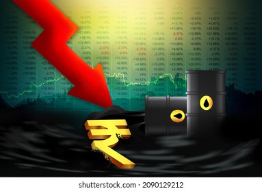 Crude Oil Price Hike Concept, Rupee Down Fall Concept,