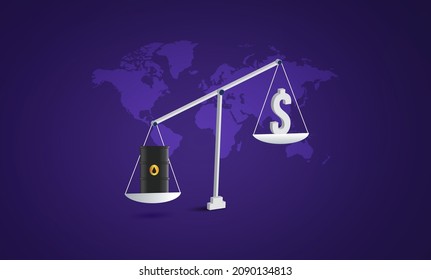 Crude Oil Price Hike Concept. International Market, Oil  Barrel Illustration, Dollar Downfall Concept