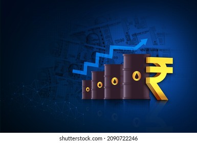 Crude Oil Price Hike Concept, Indian Rupee Price Hike 3d Rendering Illustration