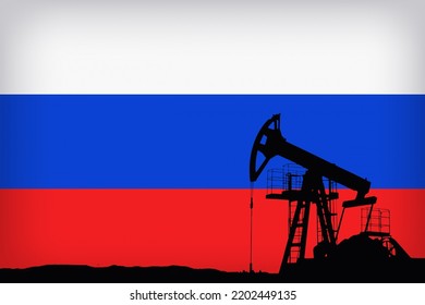 Crude Oil Pumpjack On The Background Of The Russian Flag . Fossil Crude Output. Oil Drill Rig And Drilling Derrick. Global Crude Oil Prices, Energy, Petroleum Demand (OPEC+). Pump Jack At Oilfield.