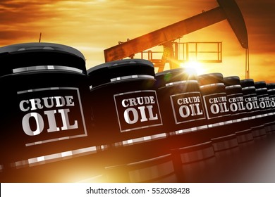 Crude Oil Trading Concept With Black Crude Oil Barrels And Oil Pump During Sunset. 3D Rendered Barrels.