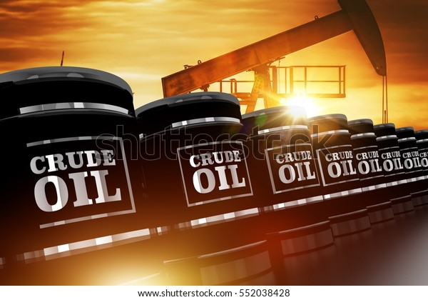 Crude Oil Trading\
Concept with Black Crude Oil Barrels and Oil Pump During Sunset. 3D\
Rendered Barrels.