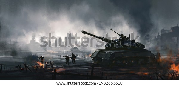 Cruel war\
scenes, digital painting,3D\
illustration.