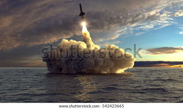 cruise missile launched from the water at\
sunset 3d\
illustration