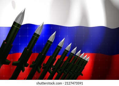 Cruise missiles, flag of Russia in background - defense concept - 3D illustration