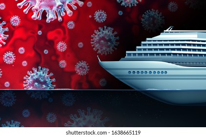 Cruise Ship Coronavirus Outbreak And Coronaviruses Influenza As A Passenger Boat Liner Quarantined Off The Sea Coast As A Pandemic Or Epidemic Global Health Risk As A 3D Illustration.