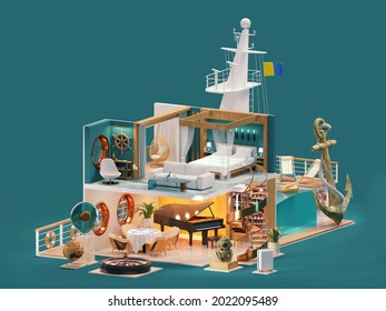 Cruise ship interior cross-section. Cruise ship cabin, restaurant, swimming pool, casino. Cruise liner activities and entertainment. Sea travel and vacations. 3d illustration