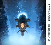 Cruising the suburbs / 3D illustration of science fiction heavy armoured battle cruiser spaceship flying through futuristic city