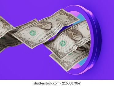 Crumpled Dollar Bills. American Money Is Going Down Drain. US Currency Inflation Metaphor. American Dollar Inflation. One Dollar Bills On Purple. Loss Of US Money Purchasing Power. 3d Rendering.