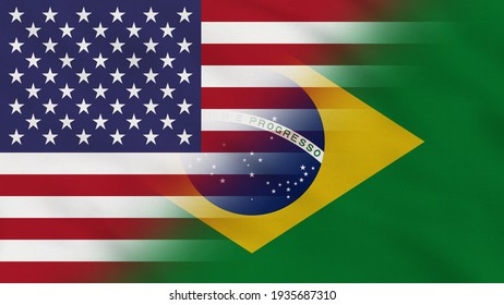 Crumpled Fabric Flag Of United States And Brazil - USA.