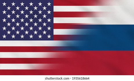 Crumpled Fabric Flag Of USA And Russia.