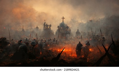 Crusade historical dark battlefield painting. 