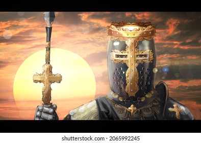 crusader knight standing in sunset