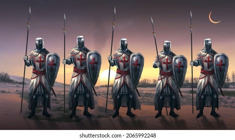 Crusaders Knights Standing In Desert