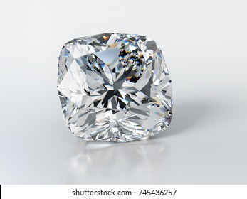 Crushed ice cushion cut diamond on glossy white background, with slight reflection, shadow. Close-up front view, 3D rendering illustration