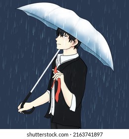 Crying Black-haired Young Man In Anime Style. Holding An Umberella. Emotional Sad Boy Crying Anime. A Scene With Rain. 