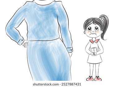 A crying girl with a book in her hands, in front of a woman. The woman is a mother or a teacher who sees the girl crying, the girl cries because she wants to read or because she didn't do her homework - Powered by Shutterstock