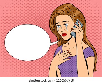 Crying girl with phone pop art retro raster illustration. Text bubble. Comic book style imitation.