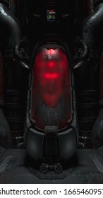 Cryogenic Hibernation Capsule With Human Body Inside Illuminated With Red Light. Science Fiction Cryonics Technology For Humans. Cryo Chamber. Cryopod With Misted Glass In Night Scene. 3d Illustration