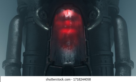 Cryogenic Hibernation Capsule With Human Body Inside Illuminated With Red Light. Science Fiction Cryonics Technology For Humans. Cryo Chamber. Cryopod With Misted Glass In Night Scene. 3d Illustration