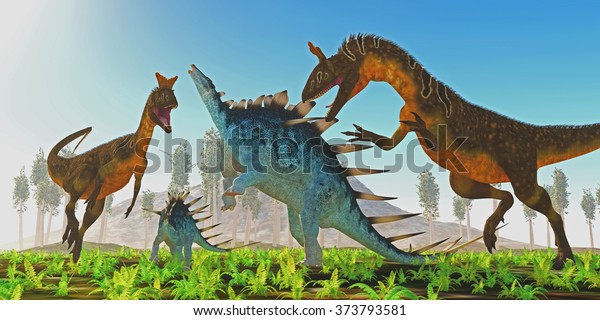 Cryolophosaurus attacks Kentrosaurus - A Kentrosaurus female rears up to defend her offspring from two carnivorous Cryolophosaurus dinosaurs.