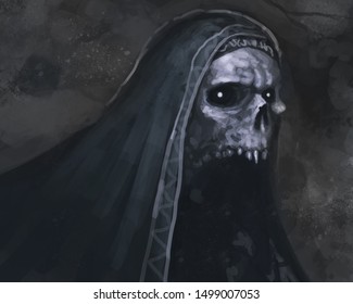 Crypt Skeleton With Wearing A Cloak Hanging Out In A Dungeon - Digital Fantasy Painting