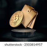 Crypto coin, bitcoin and wallet on podium, dark room