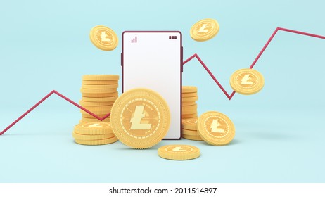 Crypto coin with Litecoin symbol- 3d render. Cryptocurrency trading and growth. Blockchain technology, mining, the concept of Litecoin, LTC mining with statistics and growth, fall on smartphone.