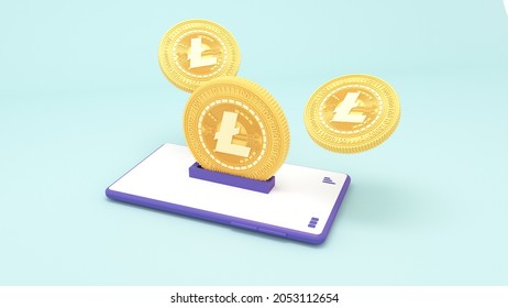 Crypto coin with Litecoin symbol- 3d render. Cryptocurrency trading and growth. Blockchain technology, mining, the concept of Litecoin, LTC mining with statistics and growth, fall on smartphone.