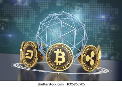 Crypto Currencies Arranged In A Circle With A Wireframe Sphere And A World Map On Background (3d Render)