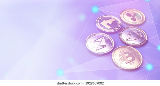 Crypto Currency Blockchain Technology, Coins Set On Digital Abstract Background, Cryptocurrency Electronic Asset, Virtual Finance And Money. 3d Illustration