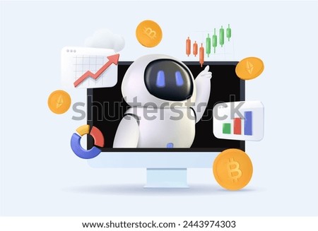 Crypto trading bot abstract concept 3D illustration. Automated AI tradings, best bitcoin trading bot analyze cryptocurrency market data 3D, financial exchange, earning profit abstract metaphor