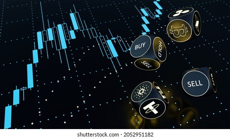 Crypto trading on candlestick screen. Futuristic 3D illustration of gambling in cryptocurrency with glowing dices of sell buy and hold, and symbols of bitcoin ethereum litecoin cardano ripple binance.