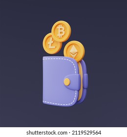 crypto wallet with golden bitcoin,Ethereum,Litecoin coins,Cryptocurrency transaction,blockchain technology services,minimal style.3d rendering.