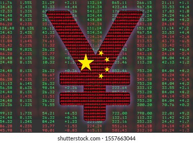 The Crypto Yuan Sign On The Background Of A Cryptocurrency Rate Scoreboard. The Concept Of China National Cryptocurrency.